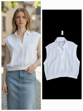 NWT Anthropologie White 100% Linen Tank Top Elastic Smocked Bubble Hem Size XL